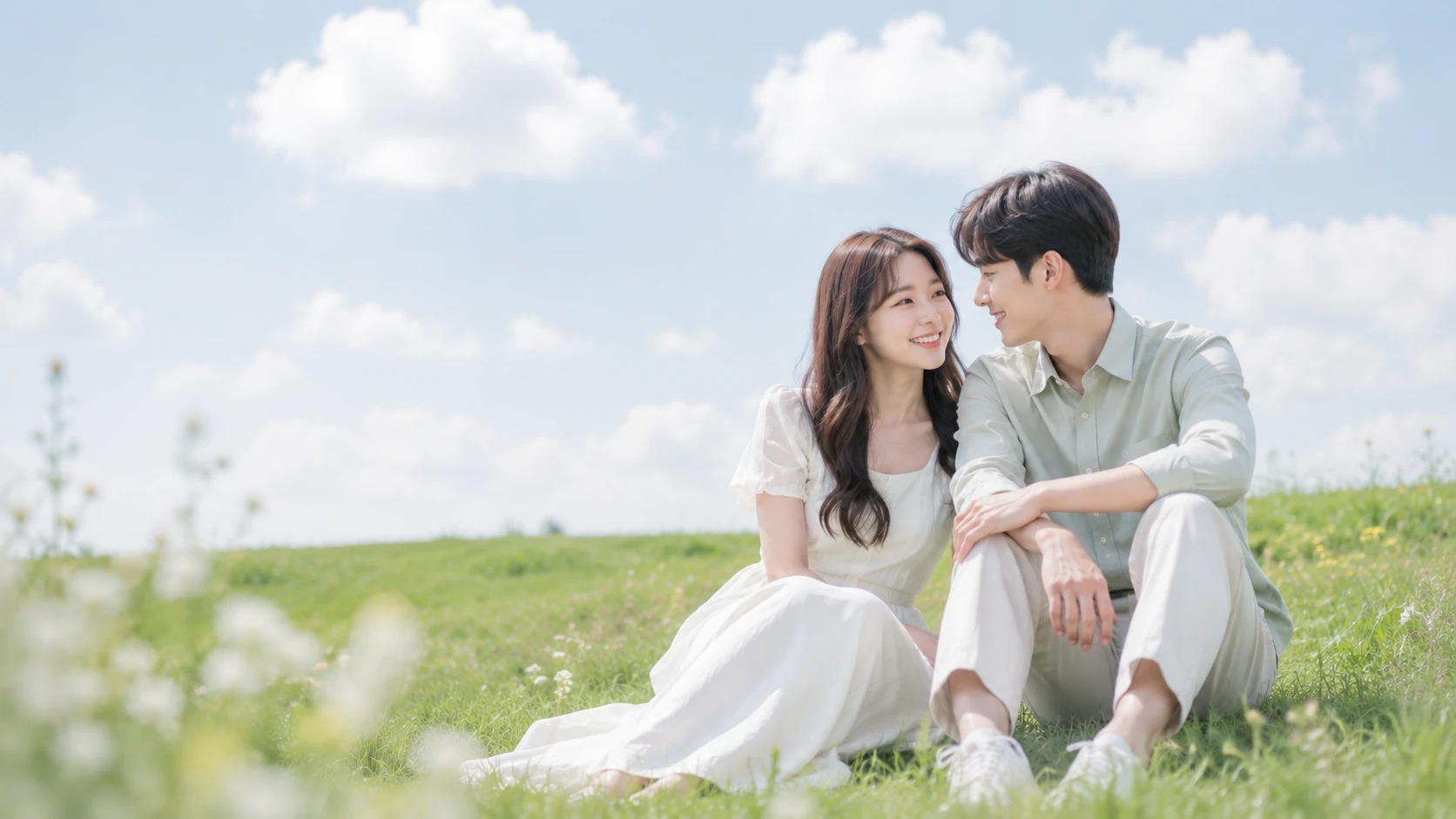 들판에 앉아 서로 바라보는 커플