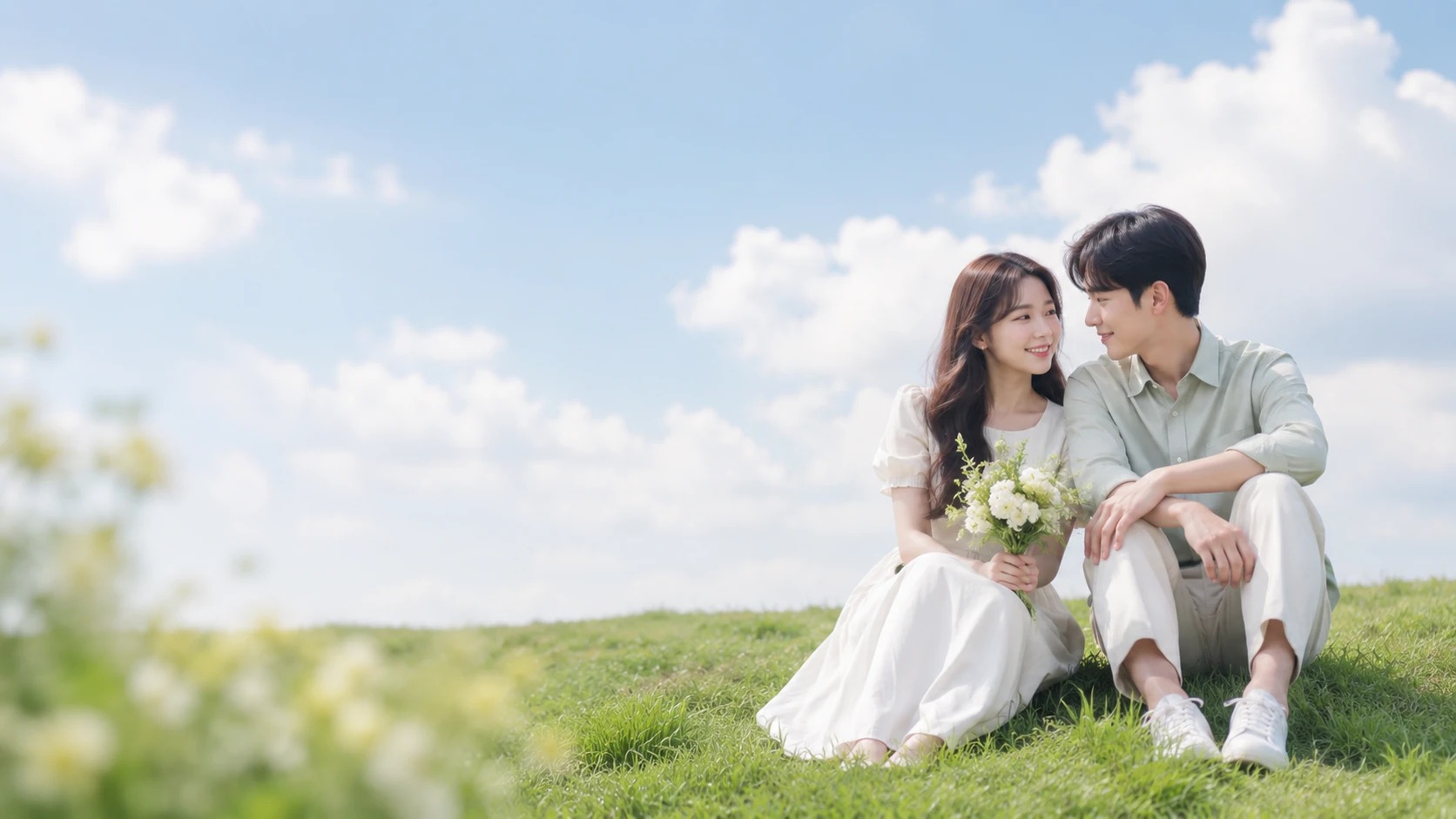 푸른 언덕에서 자연스럽게 마주 보는 커플