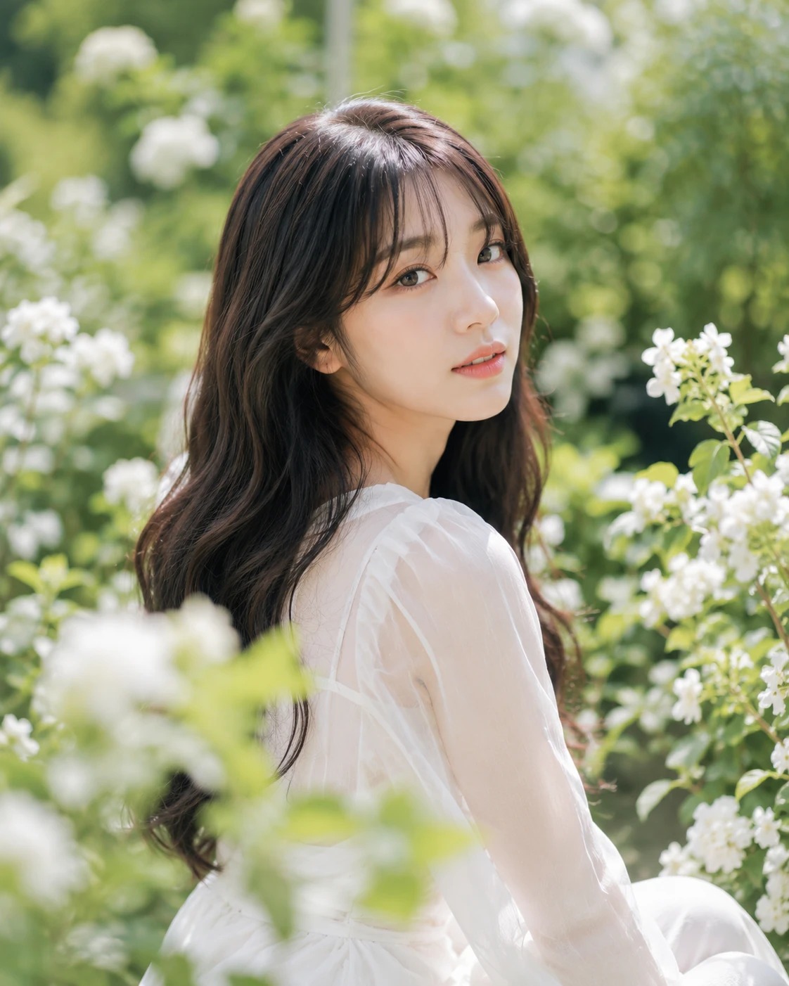 정원에서 자연스럽게 포즈를 취한 인물