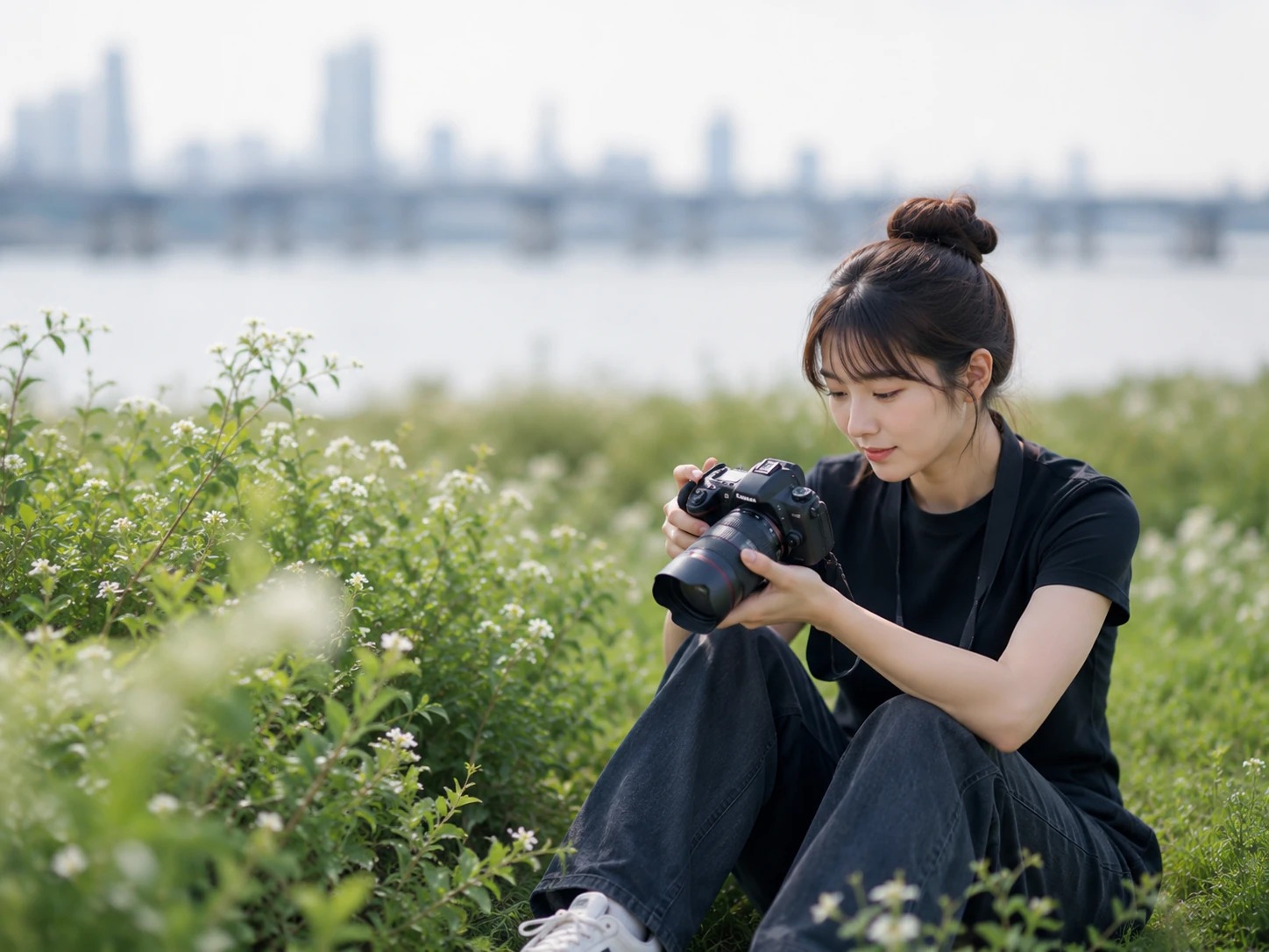 잔디밭에서 손을 잡고 걷는 커플